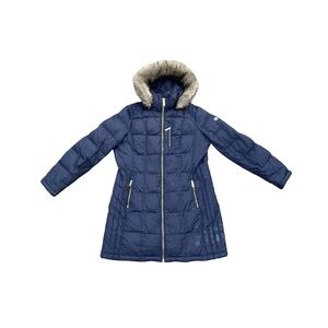 Michael Kors Dark Blue Navy Puffer Coat Jacket Faux Fur Hood Large Puffy Quilted